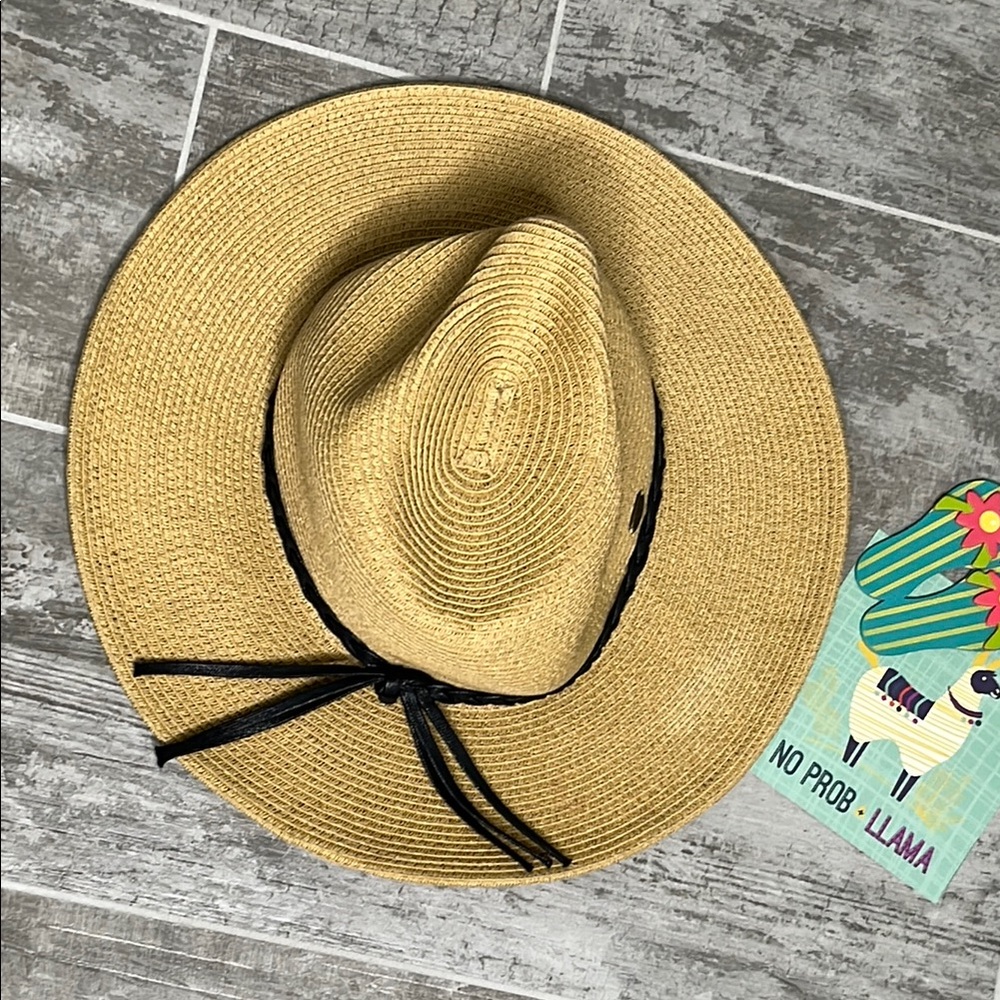 Tan and Black Straw Hat with Ribbon Band. Adjustable string on inside brim.